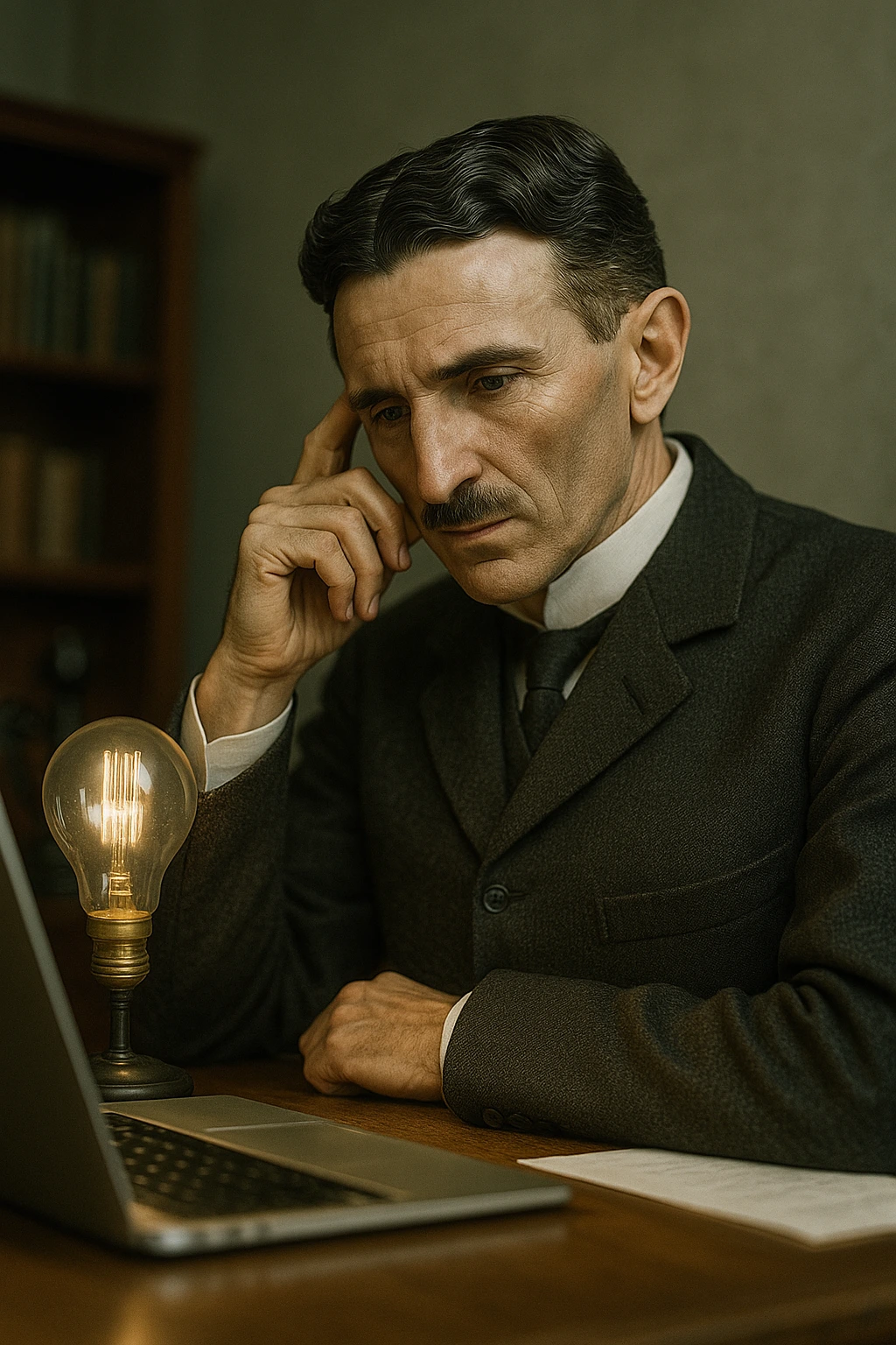 Nikola Tesla with Laptop and Lightbulb